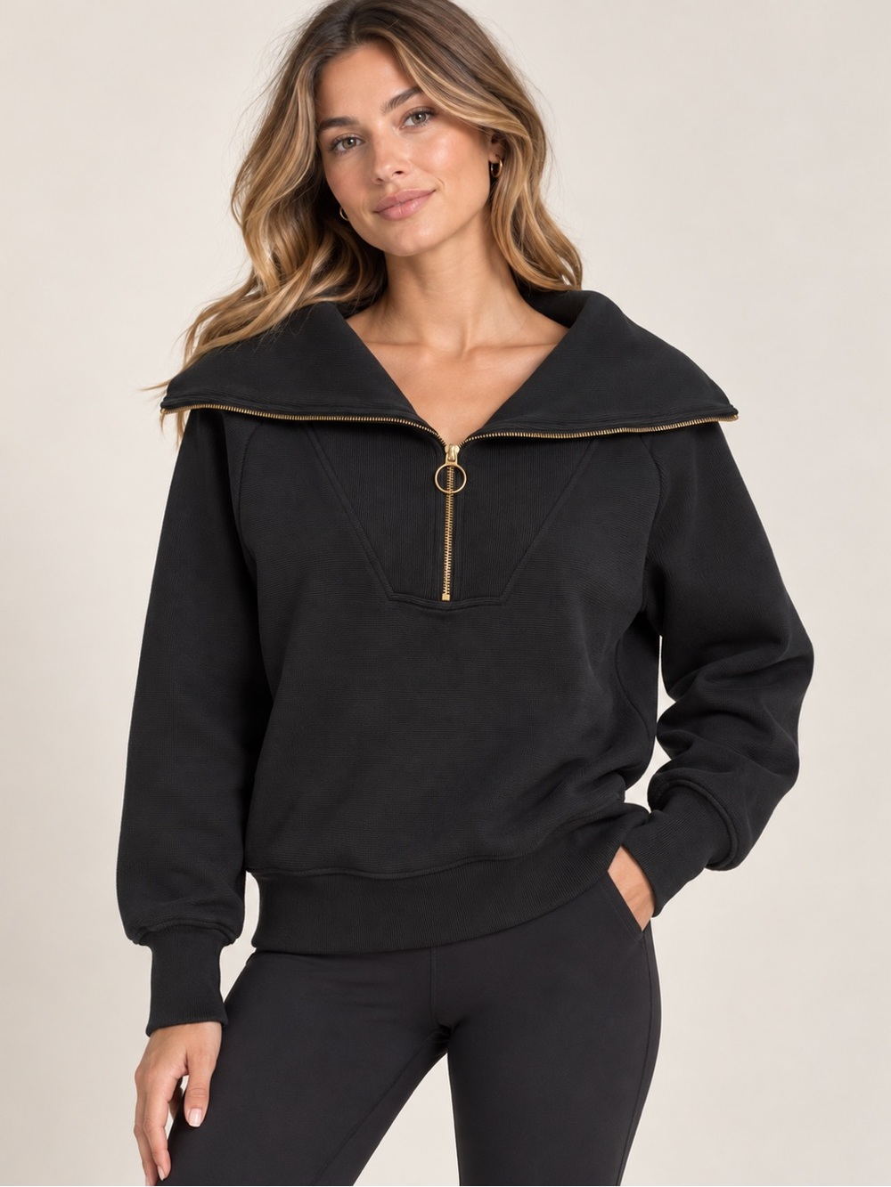 Varley Vine Half Zip Pullover XS Black Ottoman Gold Zip Oversized Collar Sweater